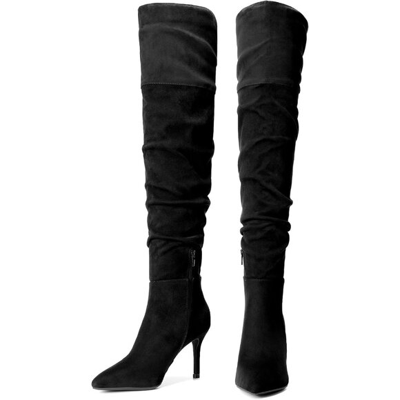 Womens Over The Knee High Heel Black-Suede Boots Thigh High Pointed Toe Stiletto - Picture 3 of 7